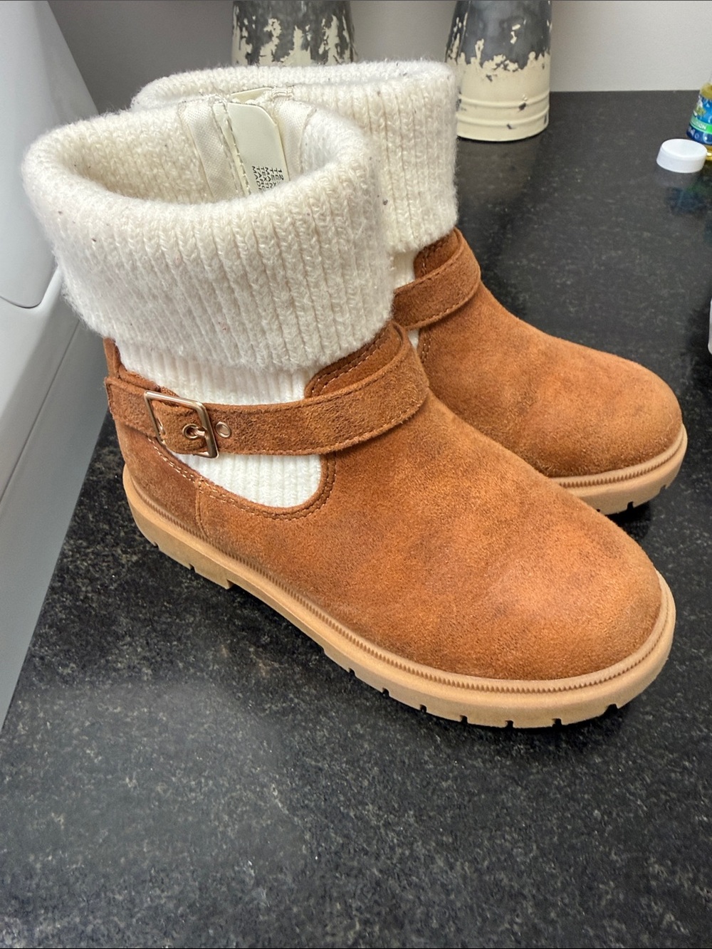 Cat & Jack Kids Tan Suede Booties with Cream Knit Cuff